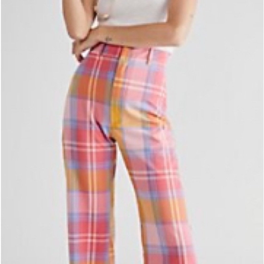 Free People Jules Trouser Plaid Wide Leg Pants in Pink and Orange